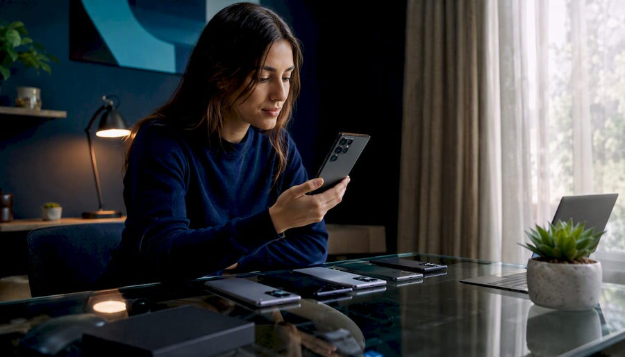 Tech reviewer examining refurbished Samsung phones