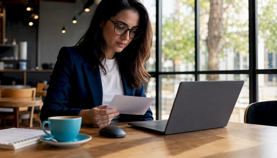 Woman inspecting refurbished laptop specifications