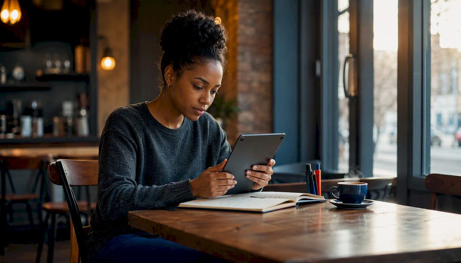 Woman inspecting a refurbished iPad at home desk