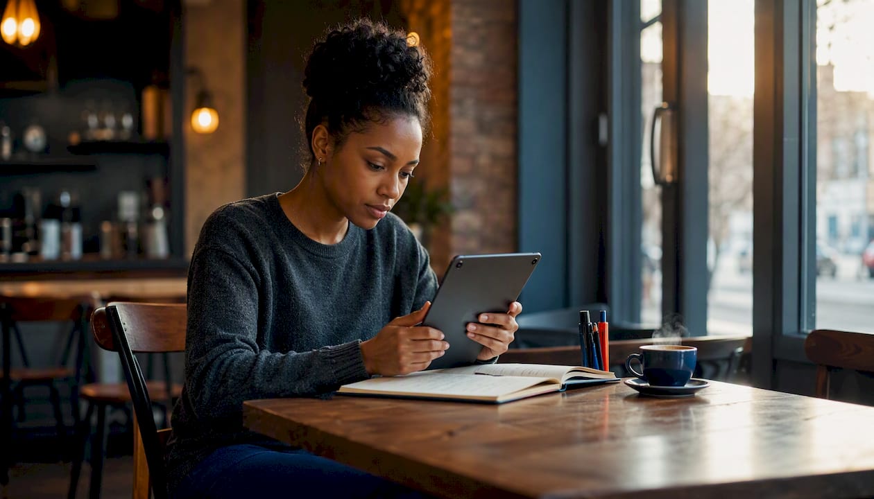 Woman inspecting a refurbished iPad at home desk