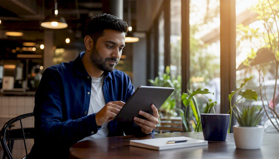 Person browsing refurbished phones at home table