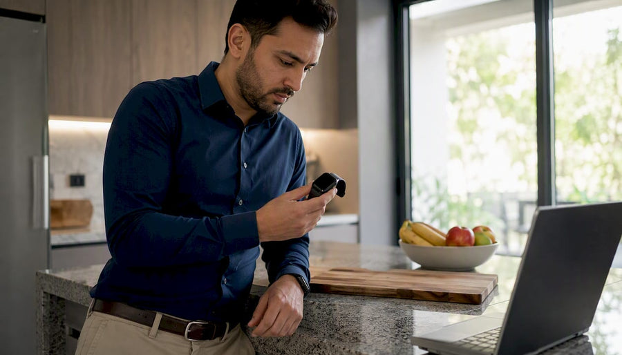 Man examining refurbished Apple Watch at desk