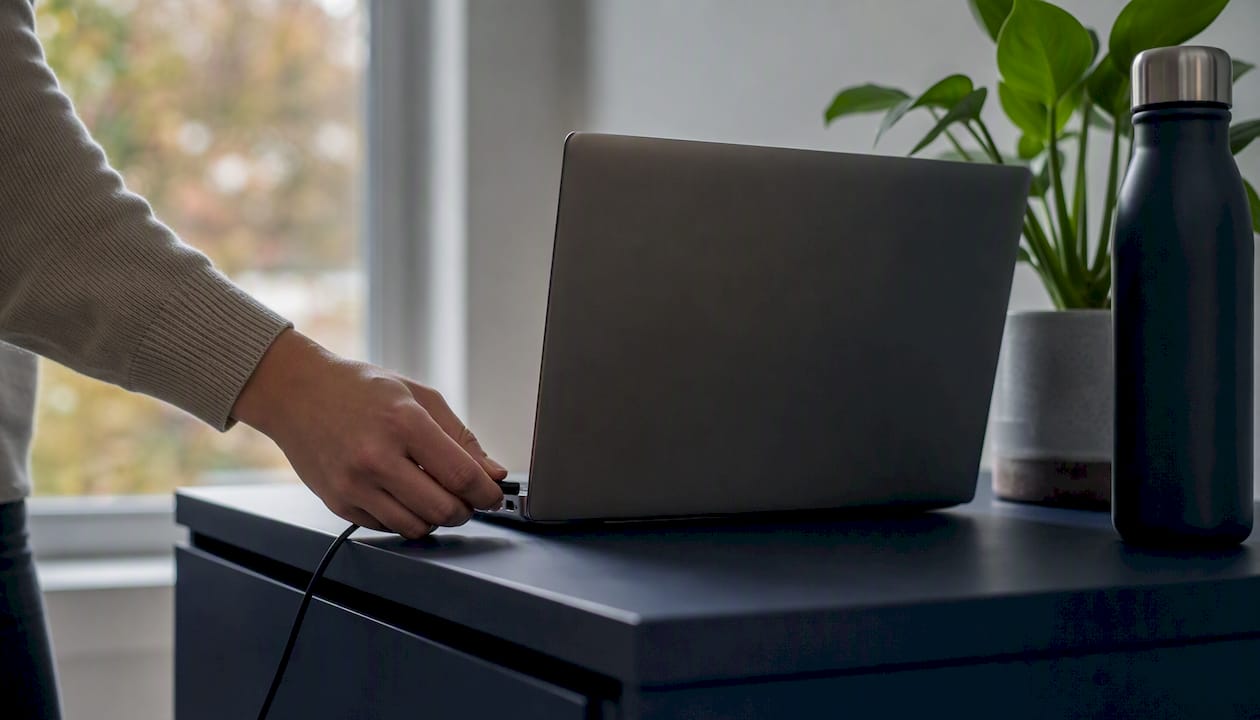 Hand plugging charger into laptop on desk