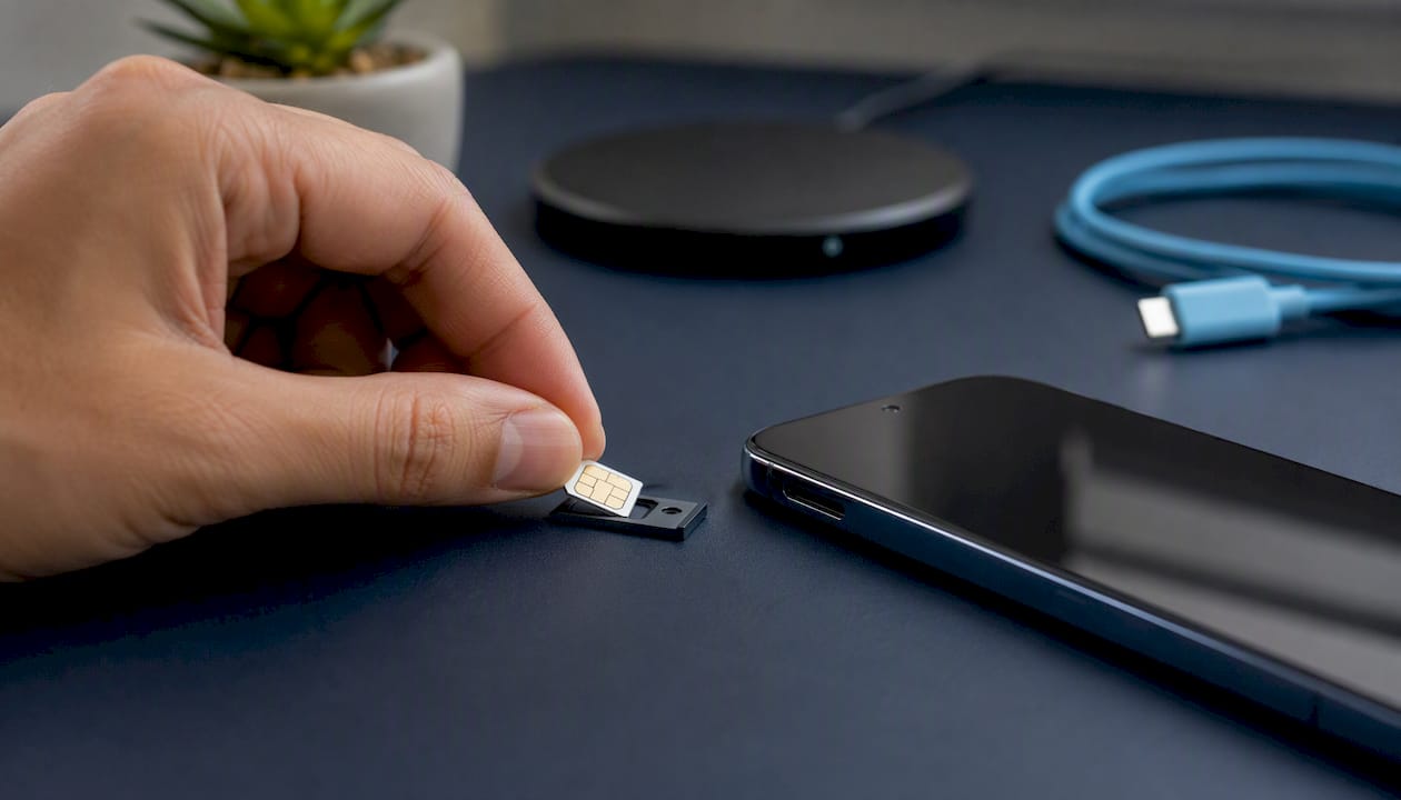 Hand inserting physical SIM card in smartphone tray