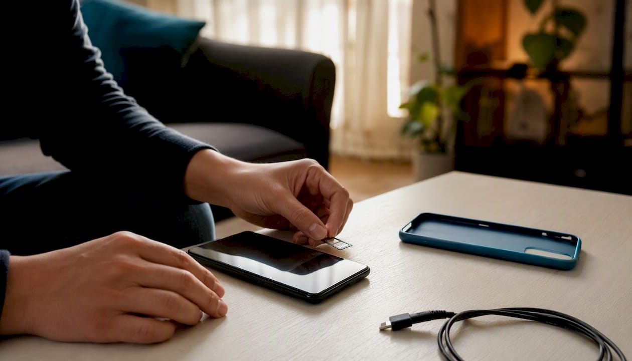 Hands inserting SIM card into a smartphone