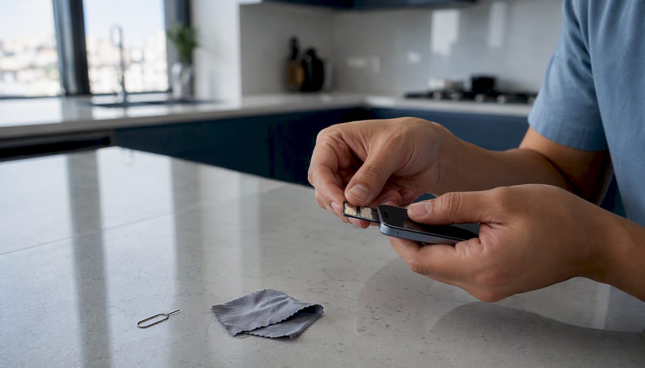Hands inserting dual SIM cards into smartphone tray