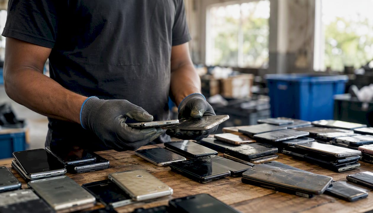 Hands sorting old smartphones at recycling table