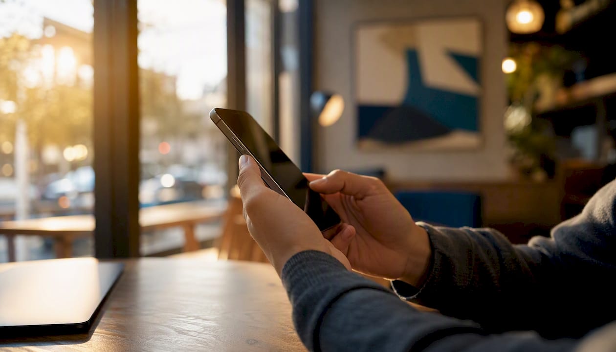 Hands holding smartphone edge with SIM tray open