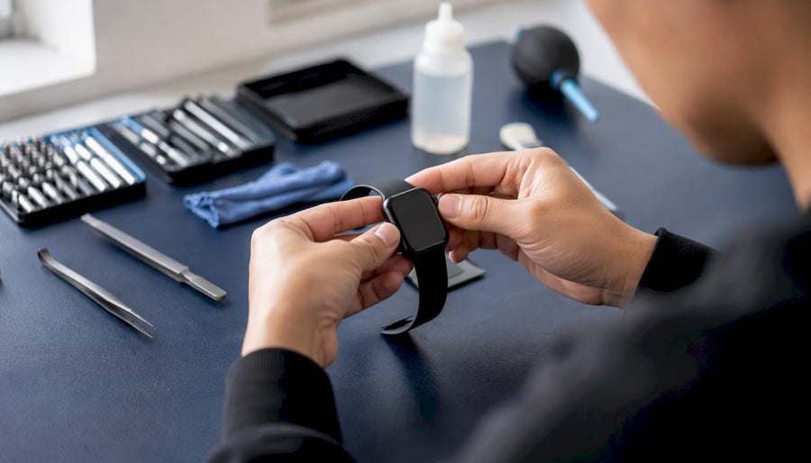 Hands inspecting smartwatch edge in daylight