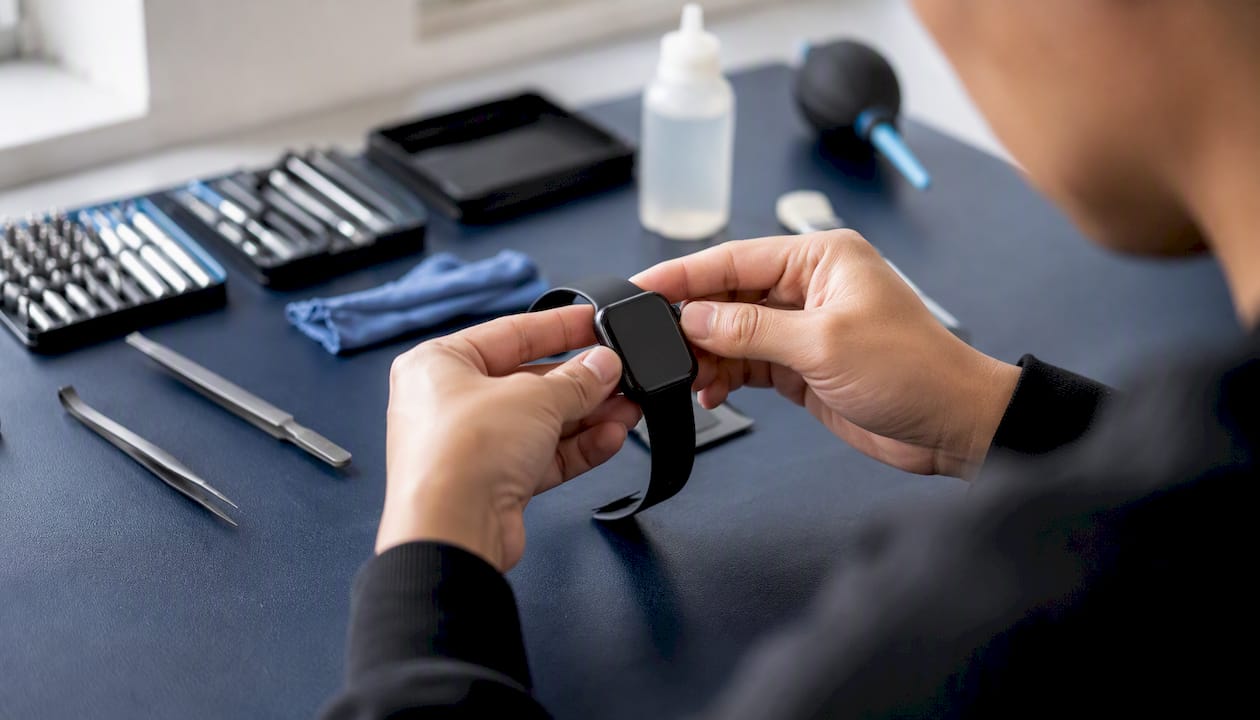 Hands inspecting smartwatch edge in daylight