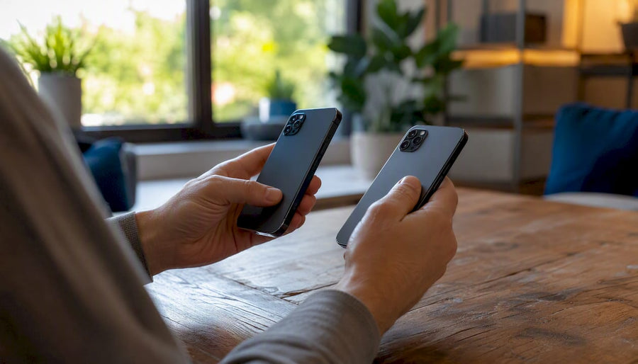Hands holding two smartphones with storage settings