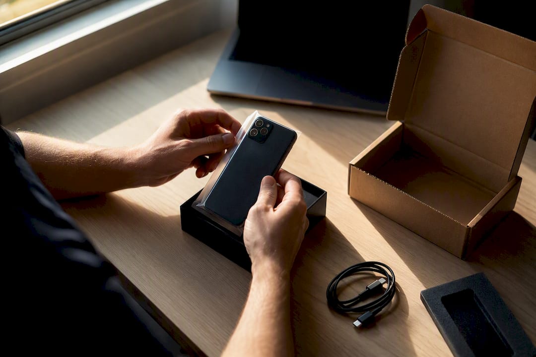 Hands unboxing refurbished smartphone