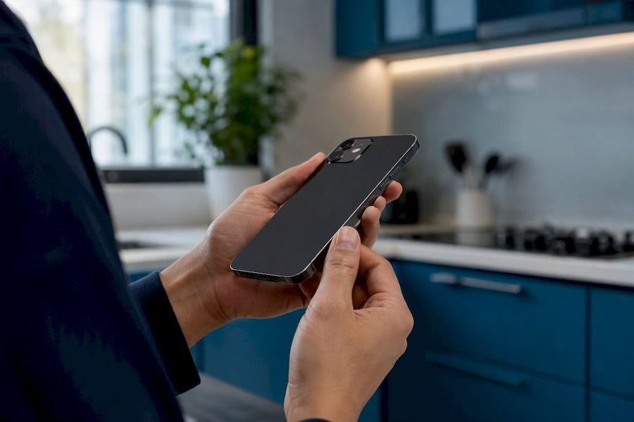 Hands inspecting refurbished phone charging port