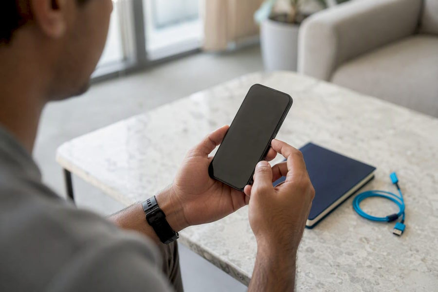Hands inspecting smartphone with dark screen