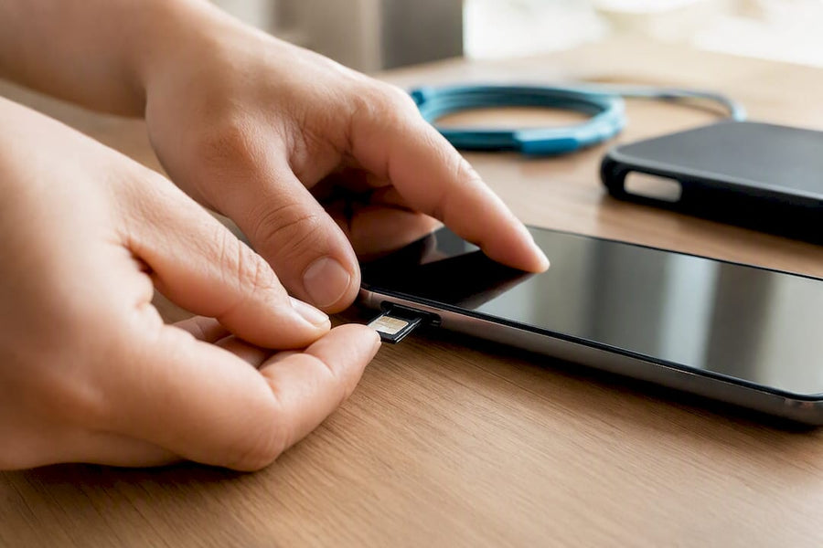 Hands inserting SIM card into unlocked phone