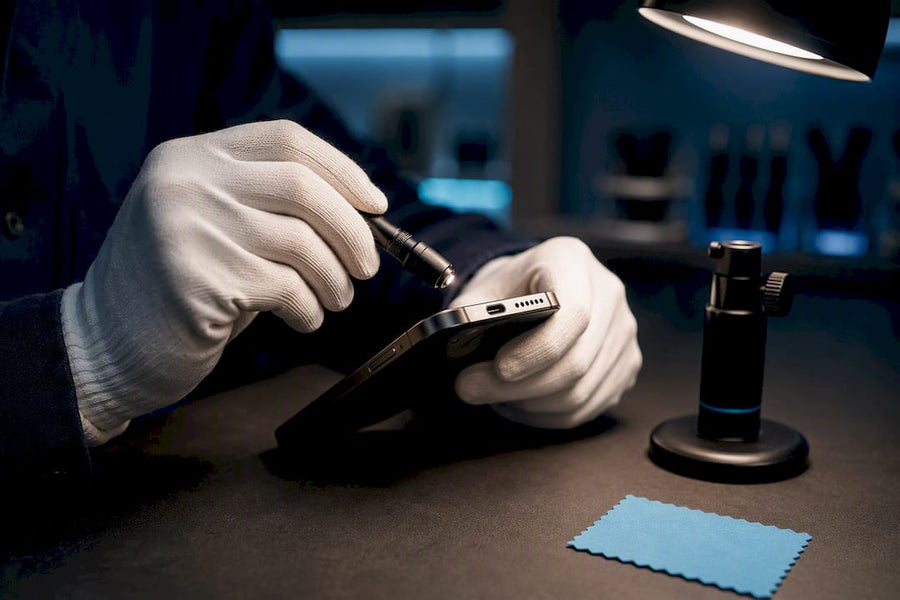 Technician inspecting refurbished phone edge