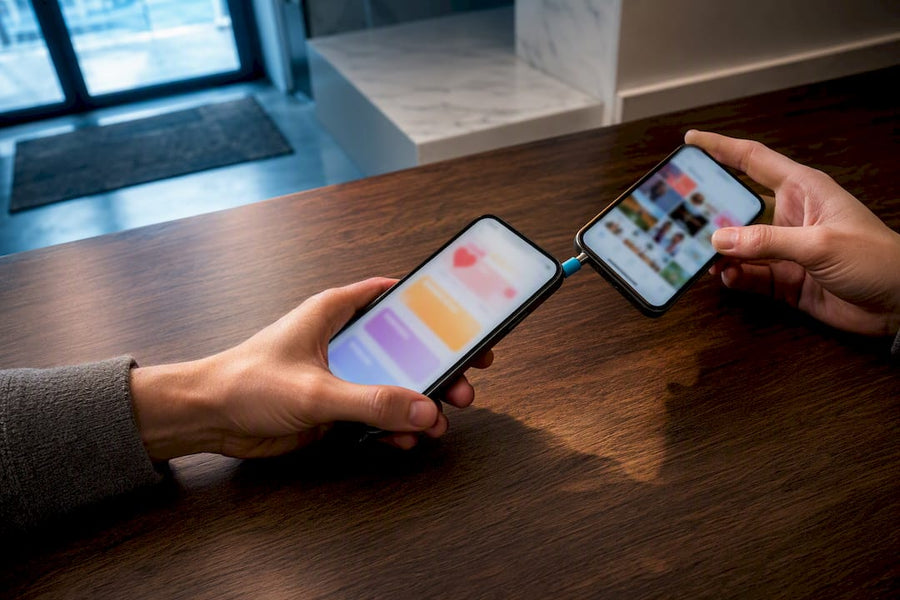 Hands transferring phone data at home