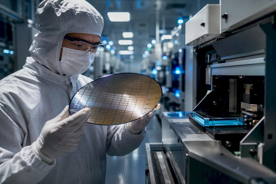 Technician examining silicon wafer in cleanroom