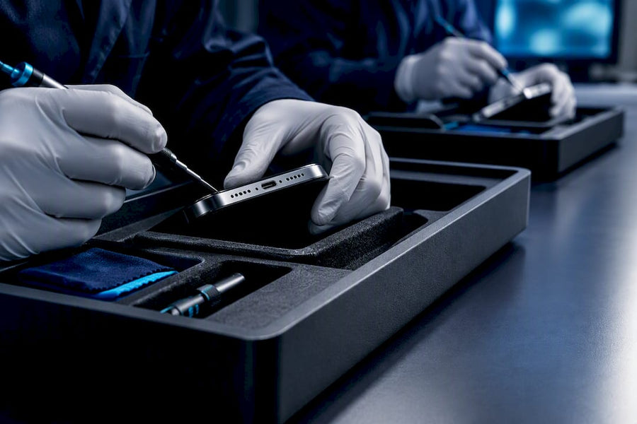 Technicians comparing refurbished device inspections