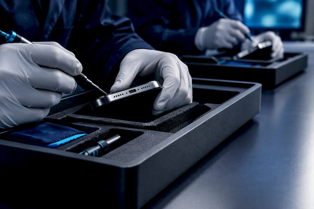 Technicians comparing refurbished device inspections