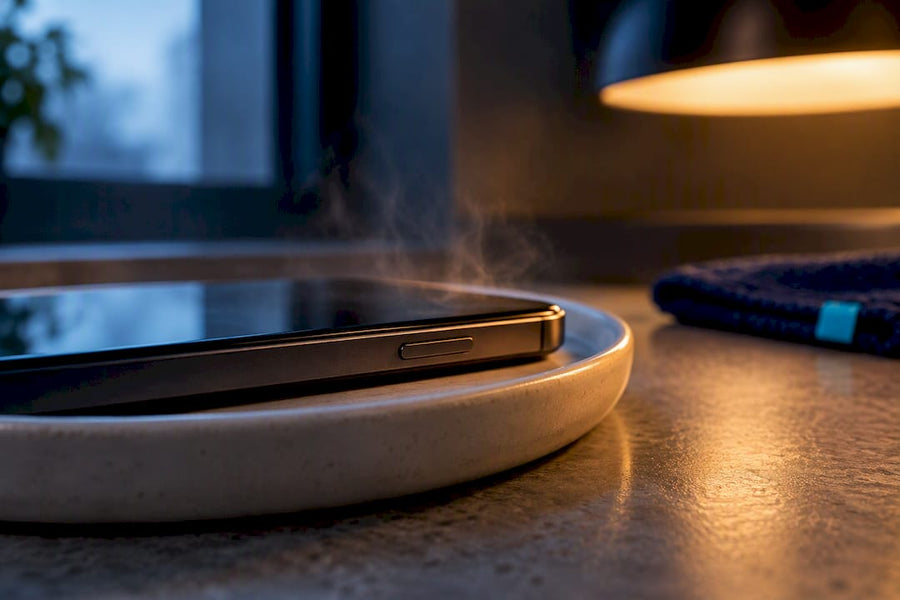 Phone edge resting in ceramic safety dish
