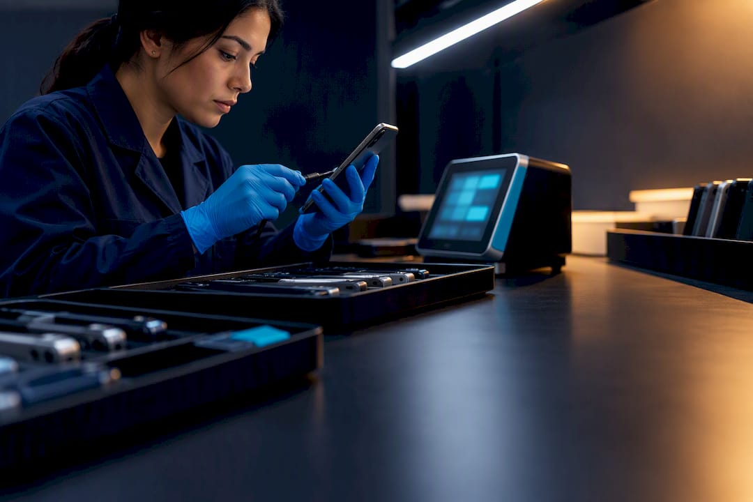 Technician checking refurbished phone battery health
