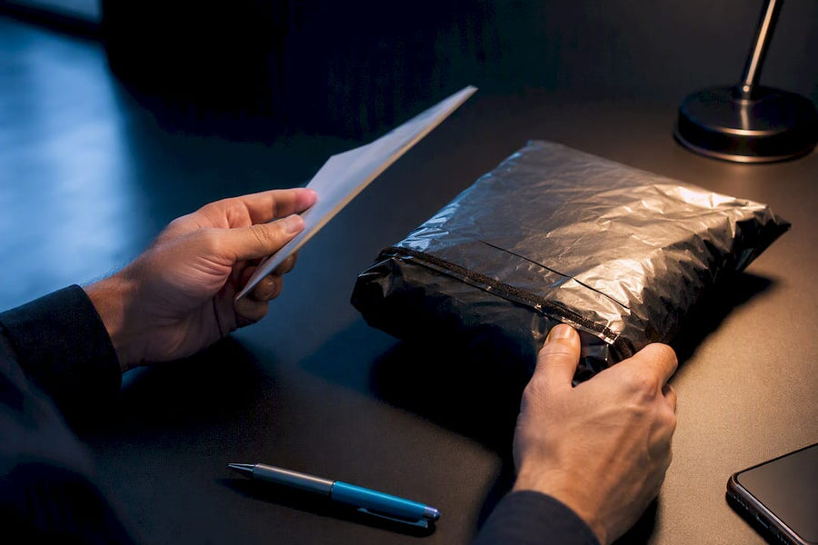 Reseller reviewing warranty terms beside return parcel