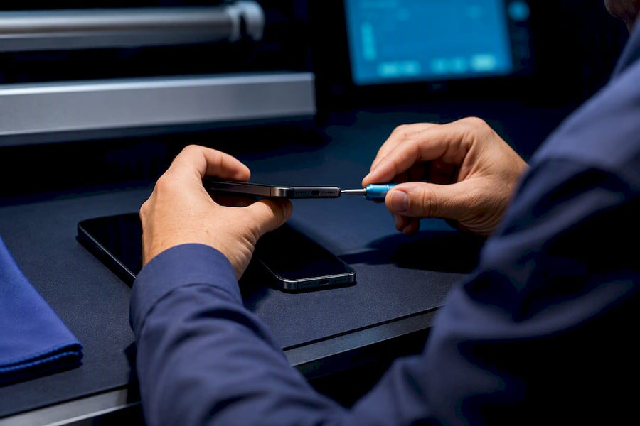 Technician comparing phone condition and function