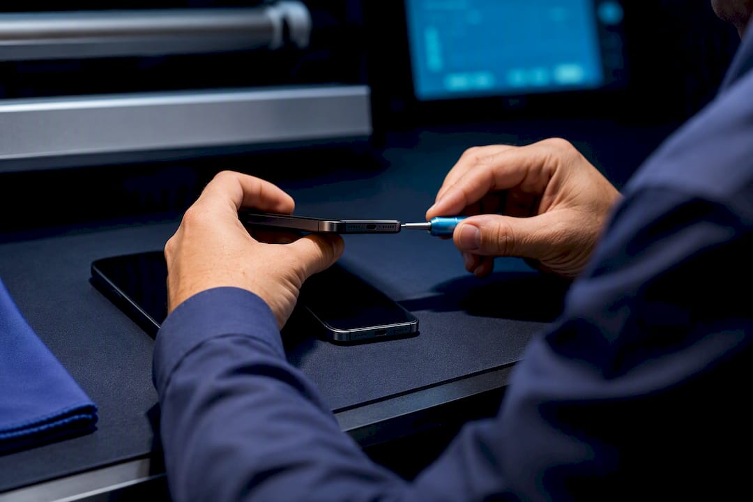 Technician comparing phone condition and function