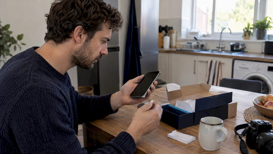 Buyer inspecting refurbished smartphone before use
