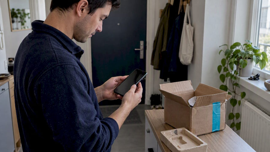 Buyer inspecting refurbished smartphone after delivery