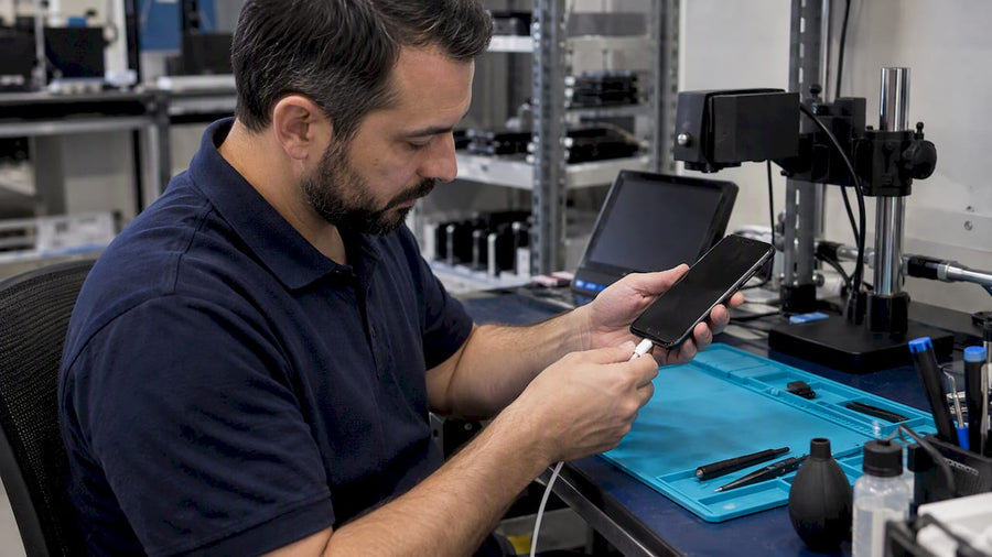 Technician inspecting refurbished smartphone
