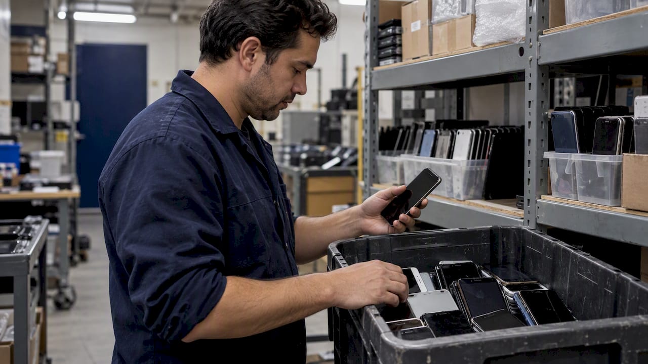 Reseller sorting a newly sourced phone lot