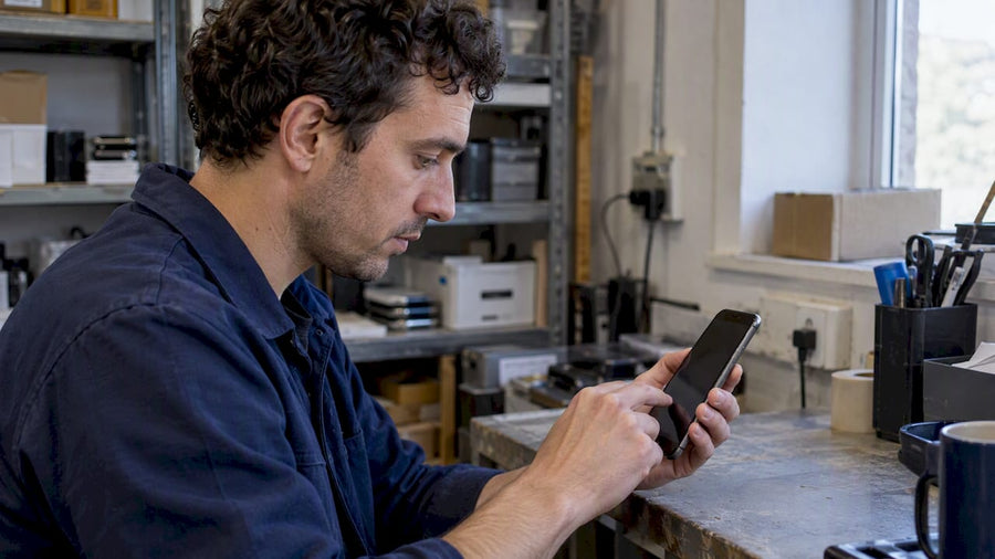 Shop owner checking a refurbished phone update