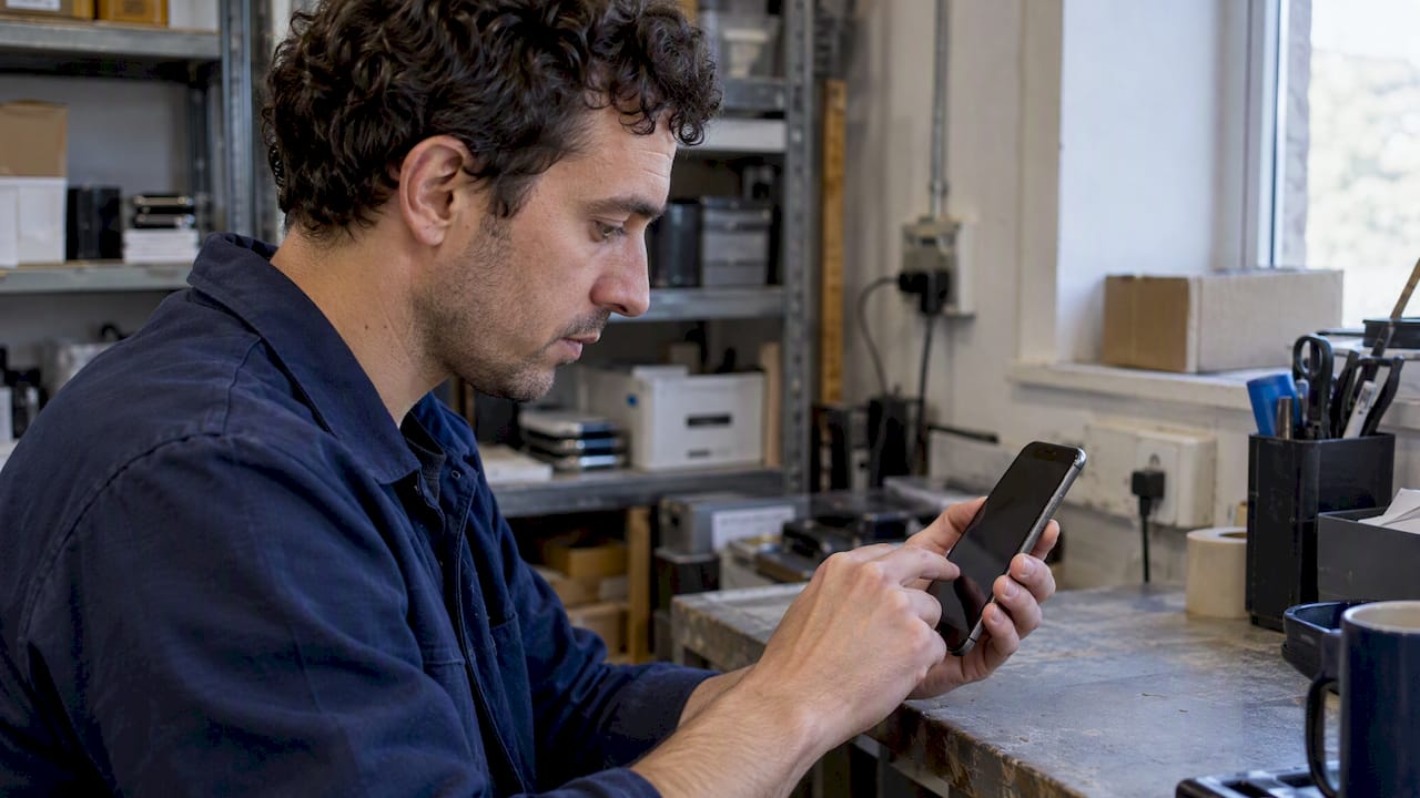 Shop owner checking a refurbished phone update