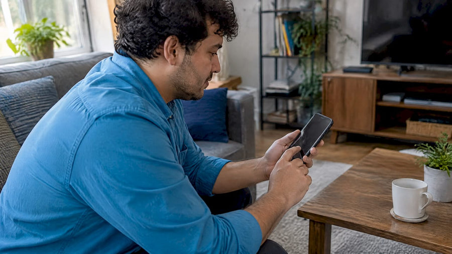 Shopper checking smartphone compatibility at home