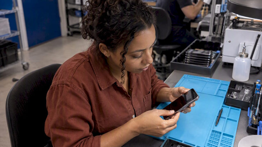 Technician inspecting a refurbished smartphone