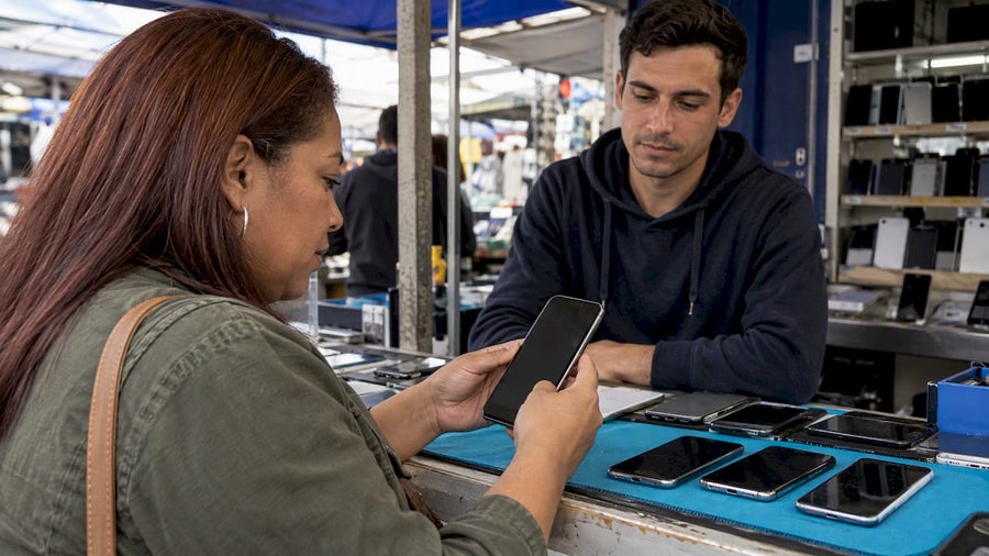 Buyer examining a used phone before purchase