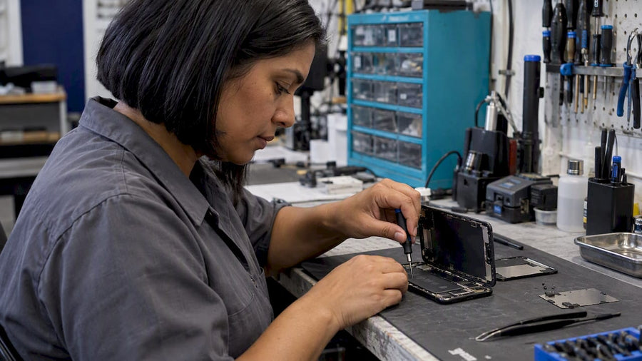 Technician replacing a component in a smartphone