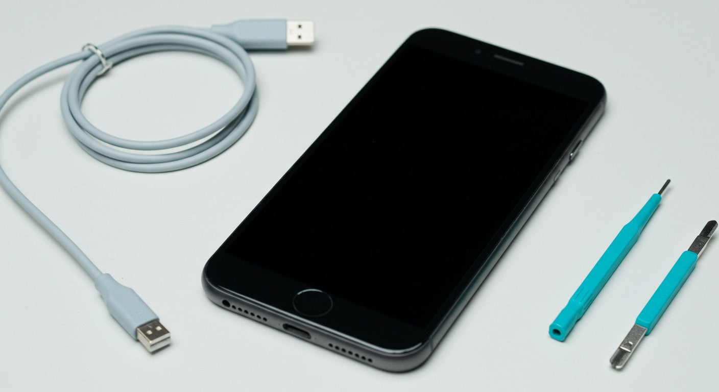 Phone with a black screen next to a charger and repair tools