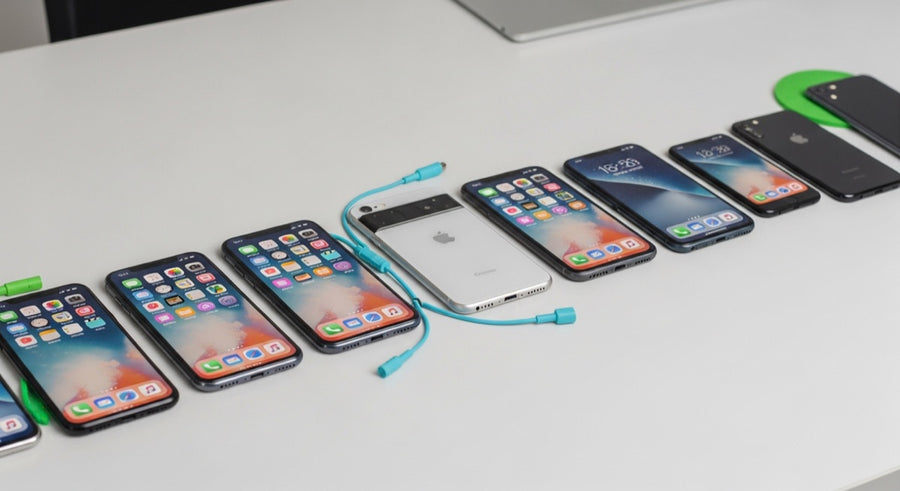 Refurbished phones arranged as reselling inventory