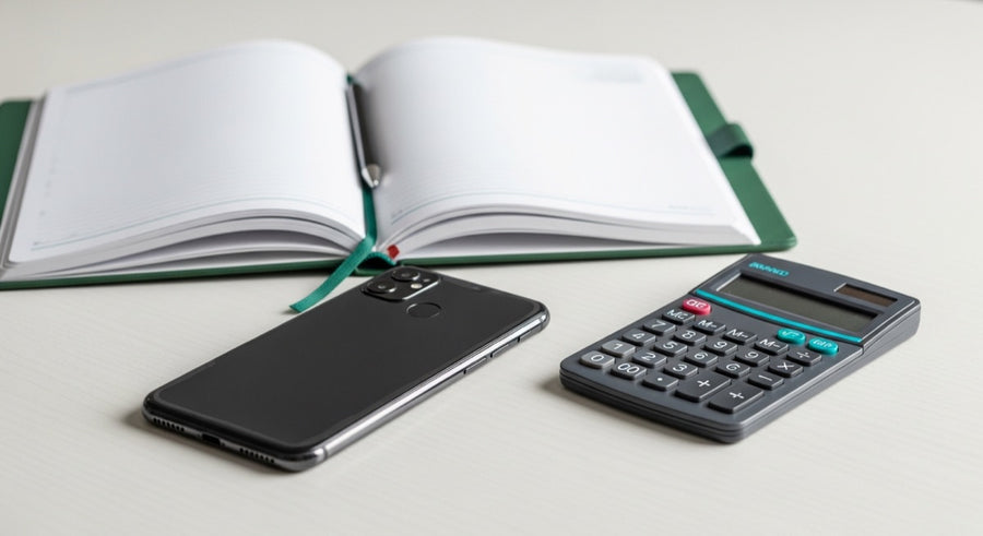 Phone reseller bookkeeping with ledger and calculator