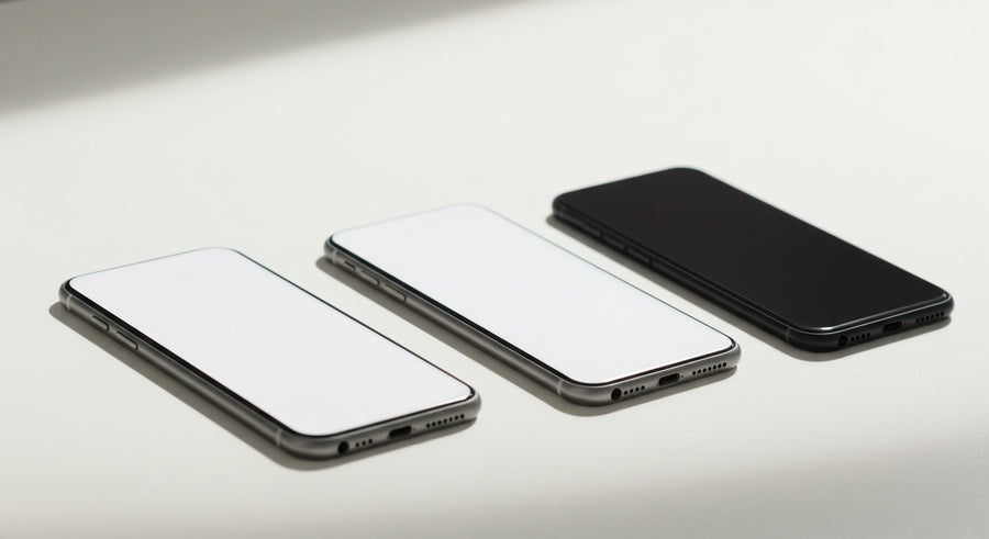 Three refurbished smartphones in different conditions on a clean desk