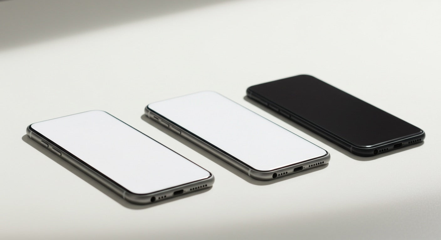 Three refurbished smartphones in different conditions on a clean desk