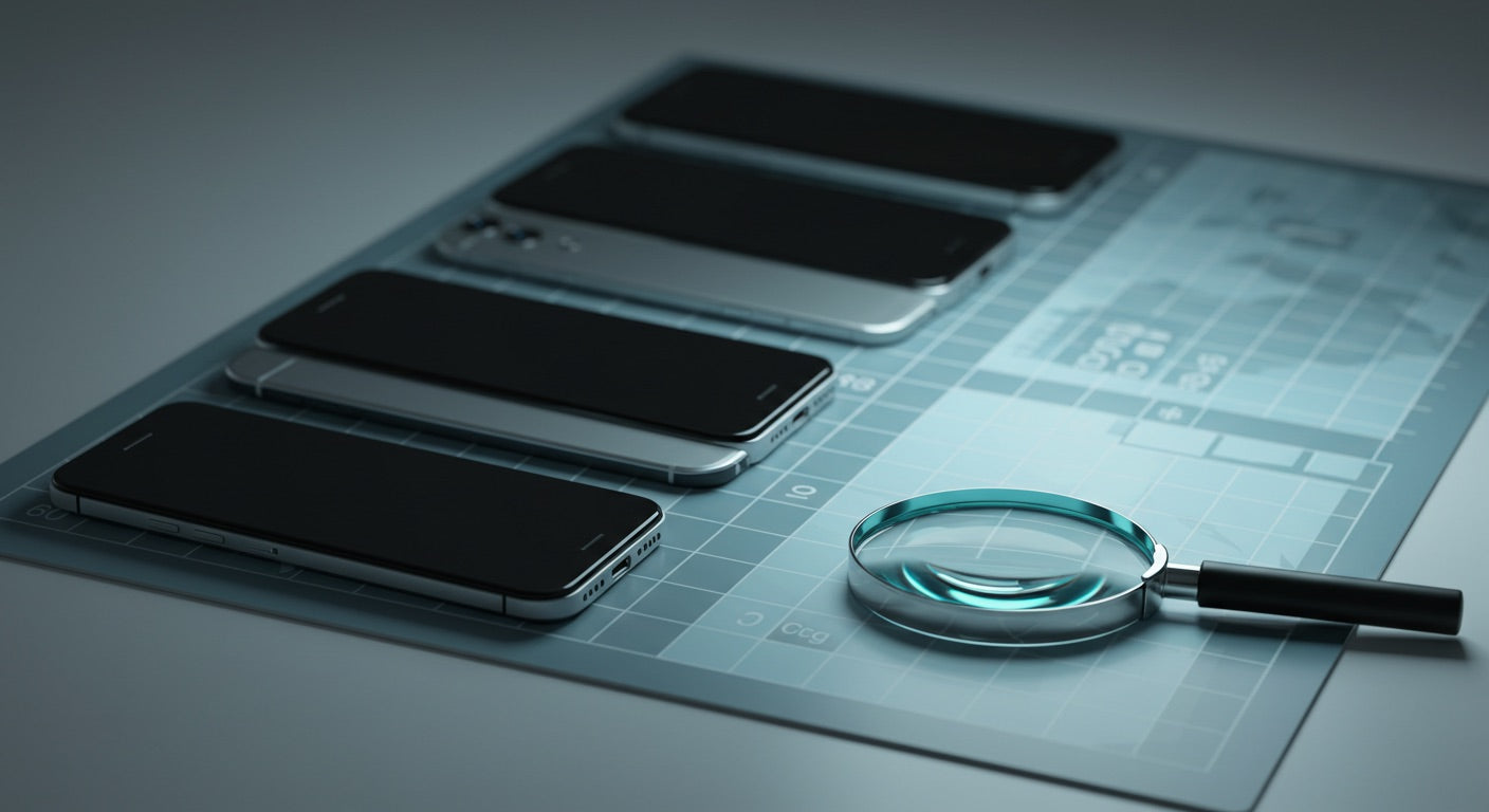 Smartphones lined up for condition grading inspection